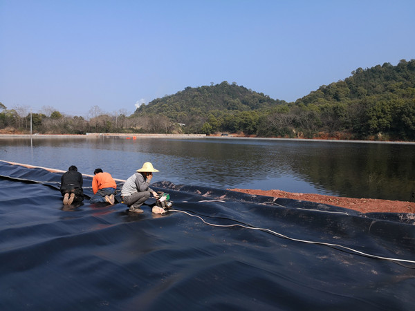 水池防渗膜图片第1张 河南新乡蓄水池:800平0.5mm全新料土工膜